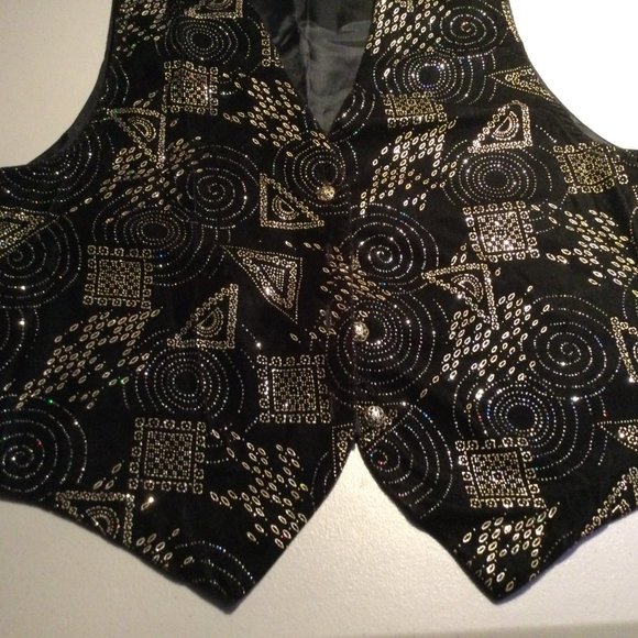 Miz California Ladies L Black Foil vest Button Down Geometric Patterns - Picture 6 of 9